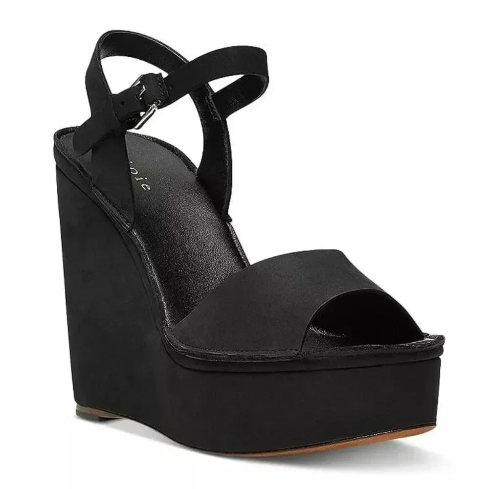 Joie Hindy Women's Platform Wedge Sandal Black Leather Size 8 M (MSRP $298)
